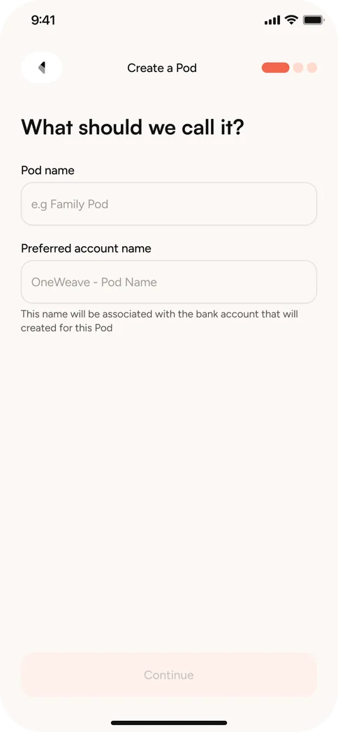 Naming a new pod in the OneWeave app