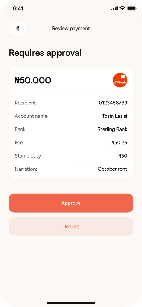 A payment waiting for approval in the OneWeave app